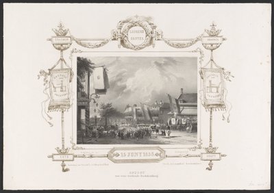 موكب مع مطبعة ، 1836 موكب شركة طباعة عاملة / 15 Juny 1836 (العنوان على الكائن) لوحات من الاحتفال بالذكرى المئوية الثانية لمدرسة Utrechtsche Hogeschool ، 1836 (عنوان السلسلة) بواسطة هويب فان هوف ب