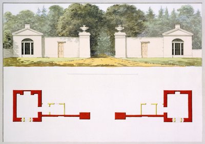 الارتفاعات والمخططات الأرضية لمدخل المدخل الجديد والنُزُل ، من الكتاب الأحمر لـ Antony House ، c.1812 (مرحاض على ورق) بواسطة همفري ريبتون