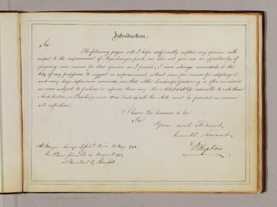 صفحة من "Red Books" ، لـ "Mogenhanger in Bedfordshire، a Seat of Godfrey Thornton Esq." بواسطة همفري ريبتون