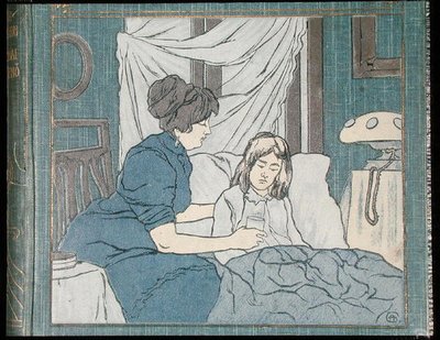 أم ترعى ابنتها المريضة ، من غلاف كتاب الأسرة الطبي ، حوالي عام 1900 (لون ليثو) بواسطة المدرسة المجرية