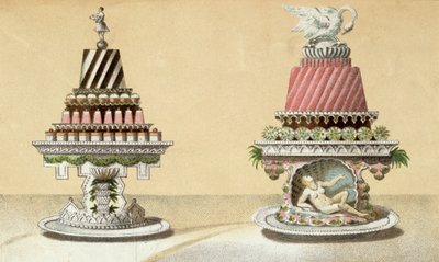 تصميم لتقديم شارلوتز لا رين وألم دو فرامبويز لا ليدا ، رسم توضيحي من كتاب طبخ هنغاري عن الطبخ الفرنسي ، c.1880 بواسطة المدرسة المجرية