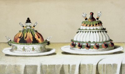 تصميم لتقديم الدجاج المحشو بصلصة كبد الإوز وصدور الدراج المطبوخة بطريقة Berthold ، التوضيح من كتاب طبخ مجري عن الطبخ الفرنسي ، c.1880 بواسطة المدرسة المجرية