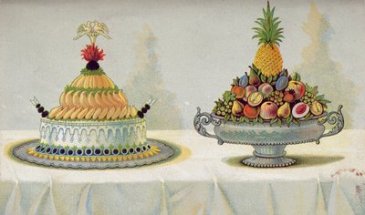 تصميم لتقديم الدجاج المهروس مع المايونيز والسبيك على فراش من الزبدة والثلج والفواكه ، رسم توضيحي من كتاب طبخ هنغاري عن الطبخ الفرنسي ، c.1880 بواسطة المدرسة المجرية