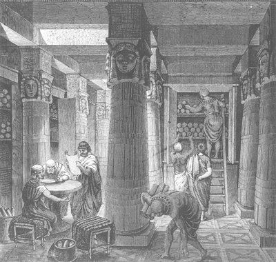 ترميم خيالي لمكتبة بطليموس في الإسكندرية ، مصر ، من هيستوار جنرال دي بيبلز ، 1880 بواسطة المدرسة المجرية