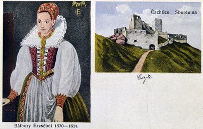 بطاقة بريدية تصور الكونتيسة إليزابيث باثوري (1560-1614) و Castle Cachtice بواسطة المدرسة المجرية