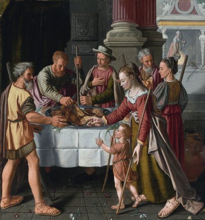 Pessa'h - عيد الفصح الأول حسب Beuckelaer ، Huybrecht (نشط 1563-1584). زيت على خشب ، مقاس: ١٠٥ × ٩٩ بواسطة Huybrecht Beuckeleer أو Beuckelaer
