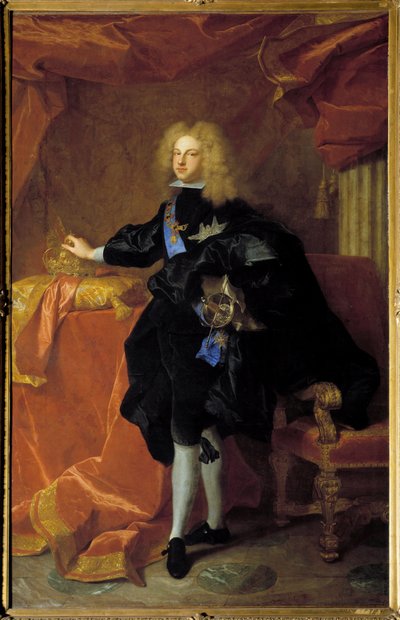 صورة في قدم فيليب الخامس (1683-1746) ملك إسبانيا لوحة رسمها Hyacinthe Rigaud (1659-1743) 1701 صن. 2،30 × 1،94 م بواسطة صفير فرانسوا ريغو