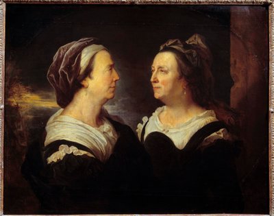 صورة لأم السيدة ريغو في موقفين مختلفين. صورة مزدوجة لامرأة في الملف الشخصي (يسار ويمين). رسم Hyacinthe Rigaud (1659-1743) 1695 صن. 0،83x1،03 م بواسطة صفير فرانسوا ريغو