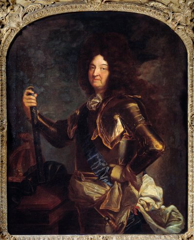 صورة لملك فرنسا لويس الرابع عشر (1638-1715) ، في اللوحة المدرعة بواسطة Hyacinthe Rigaud (1659-1743) من القرن الثامن عشر. 2،21x1،3 م بواسطة صفير فرانسوا ريغو