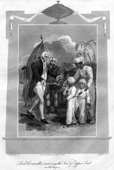 اللورد كورنواليس 1738-1805 يستقبل أبناء تيبو صايب كرهائن ، 1816. بواسطة اولا براون