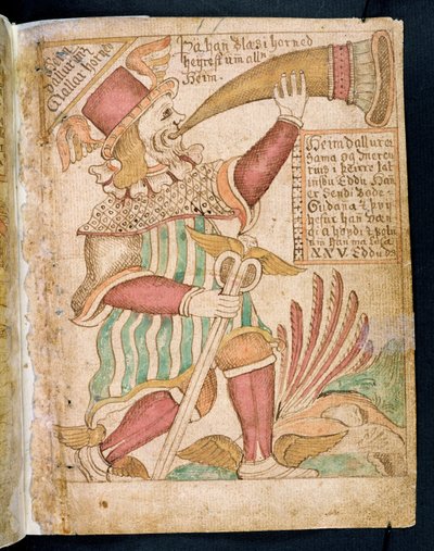 Heimdal يفجر قرنه قبل Ragnarok ، من Melsteds Edda (قلم وحبر ومرحاض على ورق) بواسطة المدرسة الآيسلندية