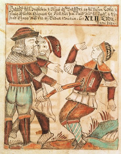 Ny Kgl Saml 1867.4، s.95v The Killing of Balder (قلم حبر وألوان مائية على ورق) (انظر أيضًا 169947) بواسطة المدرسة الآيسلندية