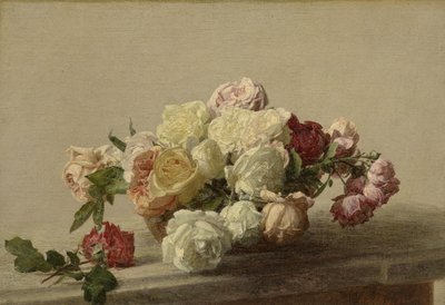 وعاء من الورود على طاولة رخامية ، 1885 بواسطة Ignace Henri Jean Fantin Latour