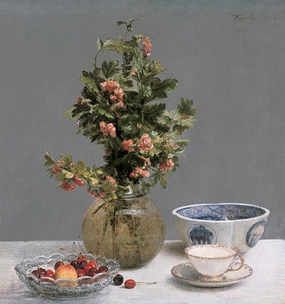 لا تزال الحياة مع إناء من الزعرور ، وعاء من الكرز ، وعاء ياباني ، وكأس وصحن بواسطة Ignace Henri Jean Fantin Latour