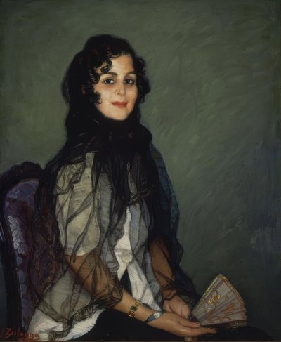 أنجوستياس أبيض بمقبض ومراوح سوداء - XX سنتوري - O - L - 95X79CM بواسطة Ignacio Zuloaga y Zabaleta