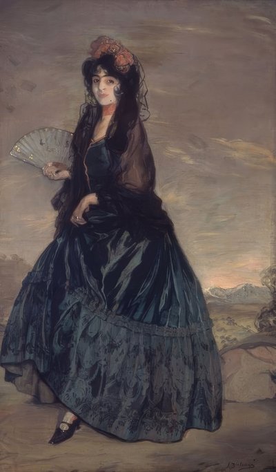 امرأة بالمقبض والزهور والمروحة - اوليو لينزو - 199 × 120.5 سم بواسطة Ignacio Zuloaga y Zabaleta