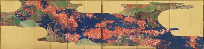 أوراق القيقب على جدول ، شاشة سداسية ، فترة إيدو ، 1856-1858 (حبر ولون على ورق مذهّب) بواسطة إيكيدا كوسون