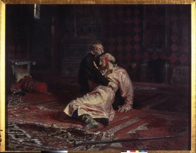 إيفان الرابع الرهيب (1530-1584) يعانق ابنه إيفان إيفانوفيتش (1554-1581) الذي أصيب بجروح قاتلة خلال مشادة ، الجمعة ، 16 نوفمبر ، 1581. لوحة إيليا يفيموفيتش ريبين (إيليا ريبين) (1844-1930) ، زيت على قماش بواسطة Ilya Efimovich Repin
