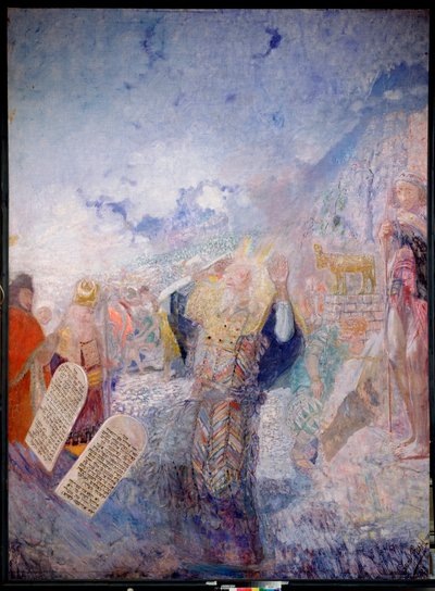 موسى والوصايا العشر. وخلفه العجل الذهبي. لوحة ليوري إيليتش ريبين (يوري ريبين) (1877-1954) ، زيت على قماش ، حوالي عام 1930. الفن الروسي ، القرن العشرين ، الفن الحديث. I. متحف ريبين التذكاري بيناتيس ، سانت بطرسبرغ. بواسطة ايليا افيموفيتش ريبين