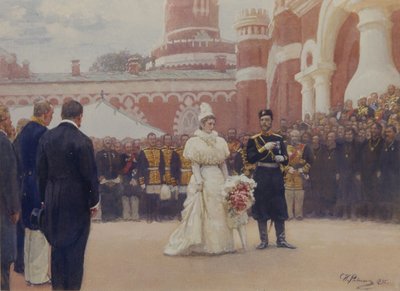 نيكولاس الثاني يستقبل شيوخ المناطق الريفية في 18 مايو 1896 في ساحة قصر بتروفسكي في موسكو ، 1897 بواسطة ايليا افيموفيتش ريبين