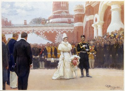 نيكولاس الثاني (1868-1918) وزوجته ، ألكسندرا فيدوروفنا (أو ألكسندرا فيودوروفنا) (1872-1918) ، استقبلا شيوخ المنطقة الريفية في 18 مايو 1896 في باحة قصر بتروفسكي في موسكو. (نيكولاس الثاني يستقبل شيوخ المناطق الريفية في 18 مايو بواسطة ايليا افيموفيتش ريبين