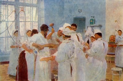 "الجراح يفغيني فاسيليفيتش بافلوف 1845-1916 في غرفة العمليات" ، 1888 ، 1965. بواسطة ايليا افيموفيتش ريبين