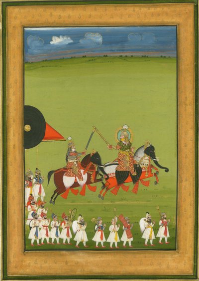 راجا وابنه على خيول متنكرين في هيئة أفيال ، ومجموعة من الحاضرين ، ج. 1810 بواسطة الفن الهندي