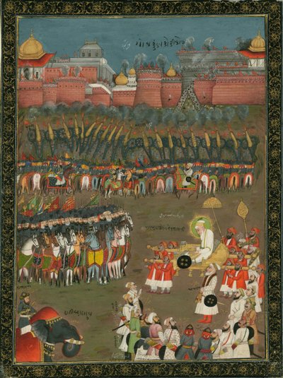 غزو غولكوندا من قبل الإمبراطور المغولي أورنجزيب في عام 1687 ، حوالي 1760 بواسطة الفن الهندي