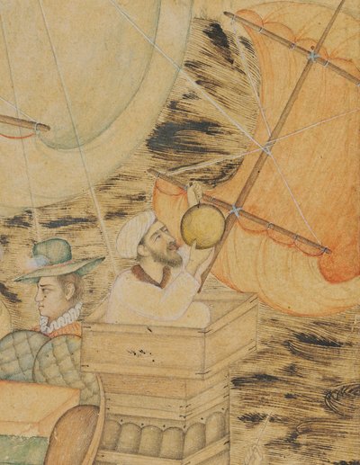 كارافيل هاجمه وحش البحر ، موغال الهند ، حوالي عام 1590 (أصباغ غير شفافة مزينة بالذهب والفضة على الورق) بواسطة المدرسة الهندية