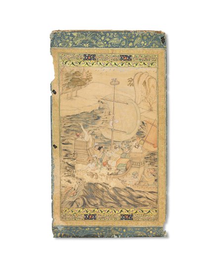 كارافيل هاجمه وحش البحر ، موغال الهند ، حوالي عام 1590 (أصباغ غير شفافة مزينة بالذهب والفضة على الورق) بواسطة المدرسة الهندية