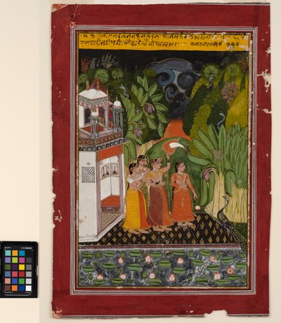 بطلة تنتظر بطلها ، حوالي عام 1740 (ألوان مائية غير شفافة وذهبية على ورق) بواسطة المدرسة الهندية