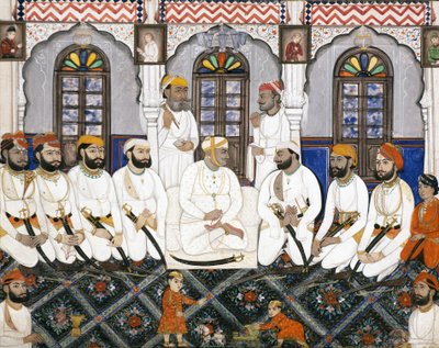 رجا جايبور يرتدي العبادة في دوربار ، c.1845 (مرحاض غير شفاف وذهب على ورق) بواسطة المدرسة الهندية