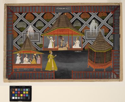 نواب وأبناؤه في جناح حديقة حوالي عام 1770 (معتم بدون شفّاف وفضي وذهبي على ورق) بواسطة المدرسة الهندية