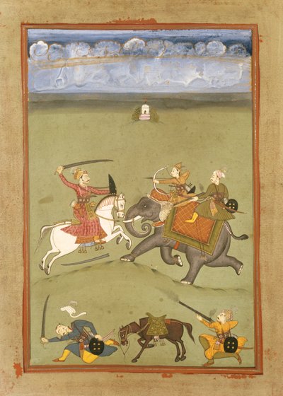 أمير يقاتل أعدائه على فيل ، ج .1710 بواسطة المدرسة الهندية