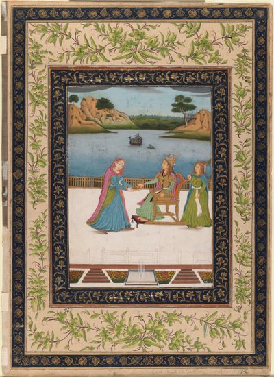 امرأة تُقدم فاكهة على الشرفة ، c.1770 (مرحاض غير شفاف ، ذهب وفضة على ورق) بواسطة المدرسة الهندية