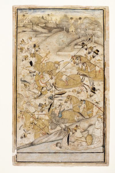معركة خاضها الأوروبيون ، c.1700 (مرحاض غير شفاف وذهب على ورق) بواسطة المدرسة الهندية