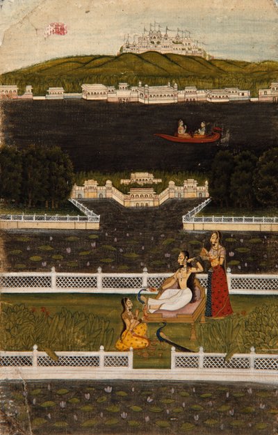 امرأة جميلة على شرفة بحيرة ، 1770 ج (مرحاض غير شفاف وذهب على ورق) بواسطة المدرسة الهندية