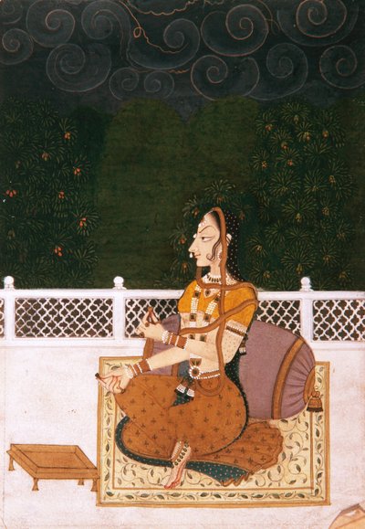 امرأة جميلة تجلس على وسادة دعم ، 1775 ج (مرحاض غير شفاف وذهب على ورق) بواسطة المدرسة الهندية