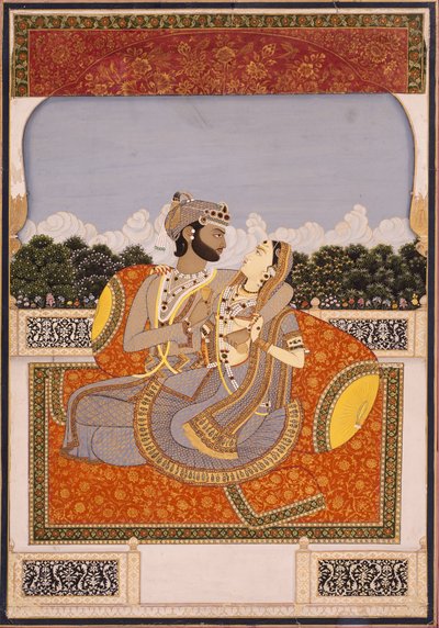 زوجان يحتضنان على شرفة ، c.1835 (مرحاض غير شفاف ، ورنيش ، ذهب وزجاج على ورق) بواسطة المدرسة الهندية
