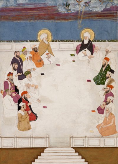 مجموعة من القديسين الهنود ورجال الدين ، بما في ذلك الملا شاه وأورانجزيب ، جالسين ، حوالي 1725 (مرحاض غير شفاف وذهب على ورق) بواسطة المدرسة الهندية
