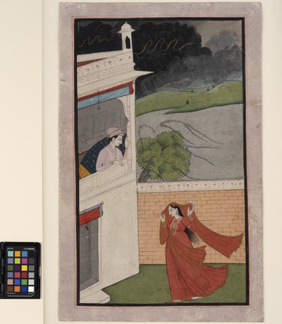 سيدة تأتي إلى منزل عشيقها في عاصفة ممطرة حوالي عام 1830 (معتم بدون شفاف وذهب على ورق) بواسطة المدرسة الهندية