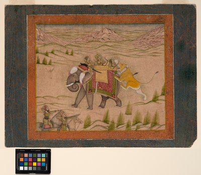 أسد يهاجم مجموعة صيد فوق فيل ، حوالي عام 1810 (ألوان مائية غير شفافة وذهبية على ورق) بواسطة المدرسة الهندية