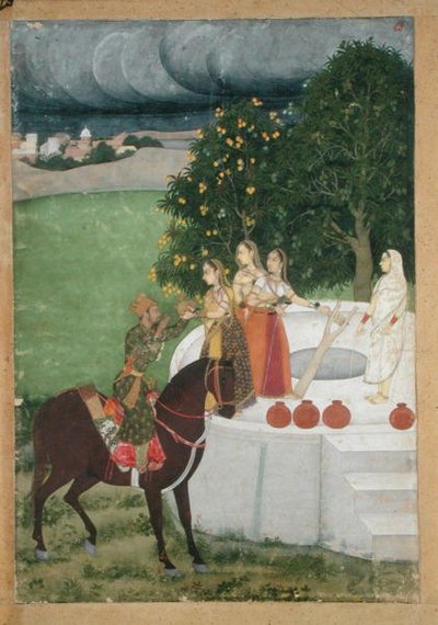 أمير يمتطي الماء من السيدات في بئر ، مصغرة من مرشد أباد ، حوالي 1760 (جواش على ورق) بواسطة المدرسة الهندية