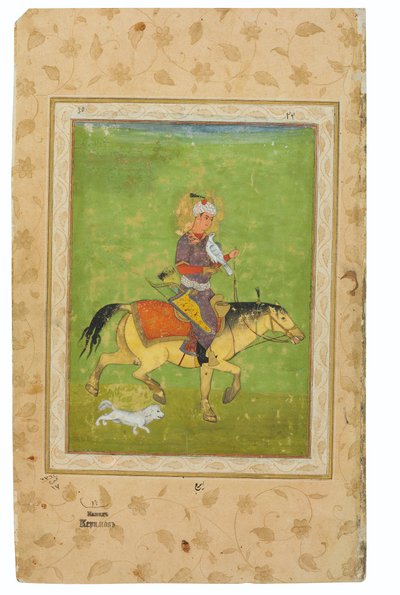 لوحة للإراج على ظهور الخيل مع صقر ، الهند ، الفترة المغولية ، أواخر القرن السادس عشر (أصباغ غير شفافة وذهب على الوصلي) بواسطة المدرسة الهندية