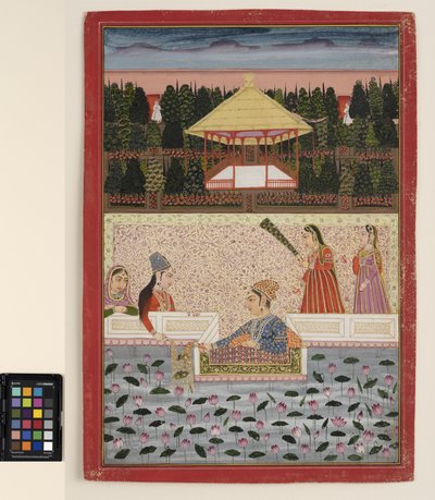 أمير وأميرة يلعبان بالألوان المضيئة بجانب بركة اللوتس ، حوالي عام 1760 (ألوان مائية غير شفافة وذهبية على ورق) بواسطة المدرسة الهندية