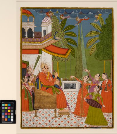 رجا على العرش يستمتع بها الراقصون والموسيقيون ، حوالي عام 1775 (ألوان مائية غير شفافة على ورق) بواسطة المدرسة الهندية