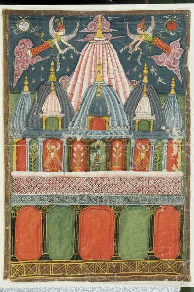 معبد يحتوي على صورة Venu-gopala-krishna مع فتاتين راقصتين تؤديان الإله ، 1823 بواسطة المدرسة الهندية