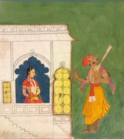 امرأة تنظر إلى محارب ، ج .1680 بواسطة المدرسة الهندية