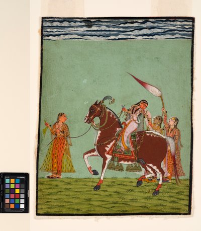 امرأة على ظهور الخيل مع ثلاثة مرافقين ، حوالي عام 1735 (ألوان مائية غير شفافة على ورق) بواسطة المدرسة الهندية