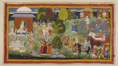 أضف 15296 (1) f.108r ، Bharadva ja ، جالسًا خارج كوخه مع الزاهد والغزلان الآخرين ، يستفسر من الأمراء عما إذا كانوا قد استمتعوا بضيافته. أخبرهم ورفاقهم أن راما يعيش في سيتراكوتا. بناء على طلبه ، الأمراء انتر بواسطة المدرسة الهندية